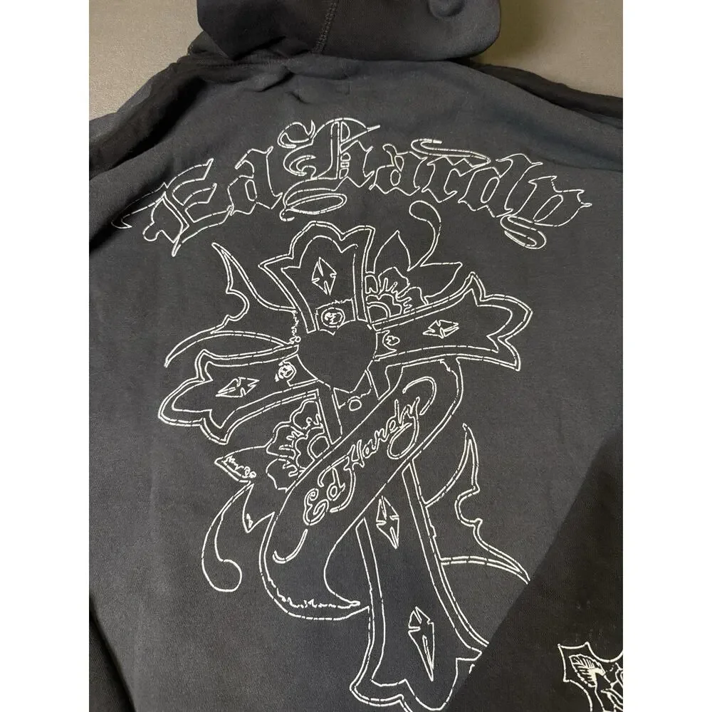 Ed Hardy XXL CROSS BOXY ZIP HOODIE, Color: Sunfaded Black, Style# EHM1303-17